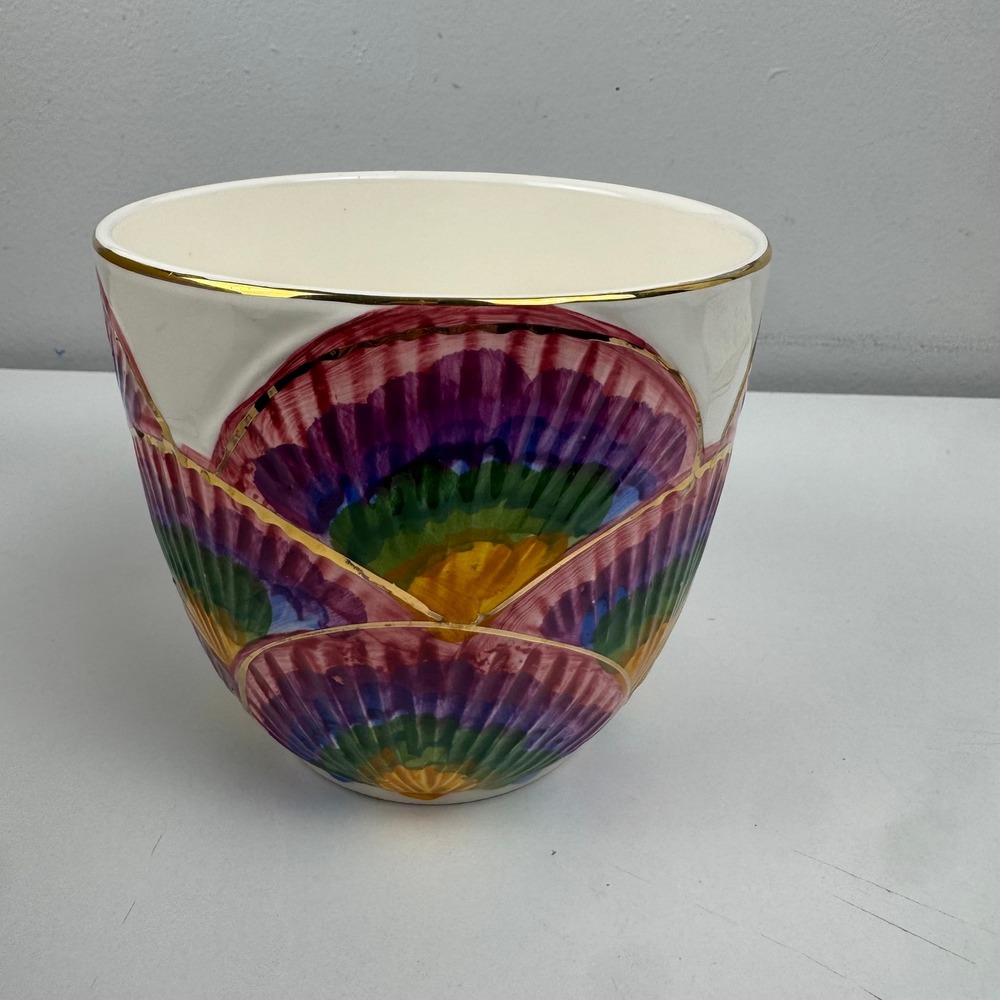 Vintage Ben Rickert Ceramic‎ Planter Shell Fan Motif Gold Trim Art Deco Style - Picture 4 of 8